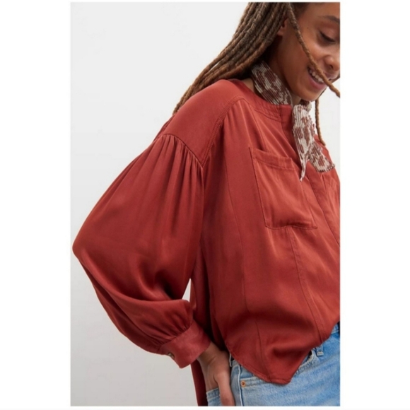 Anthropologie Darrah Western Sophisticated Rust Satin Pleated Button Down Top - Picture 11 of 12
